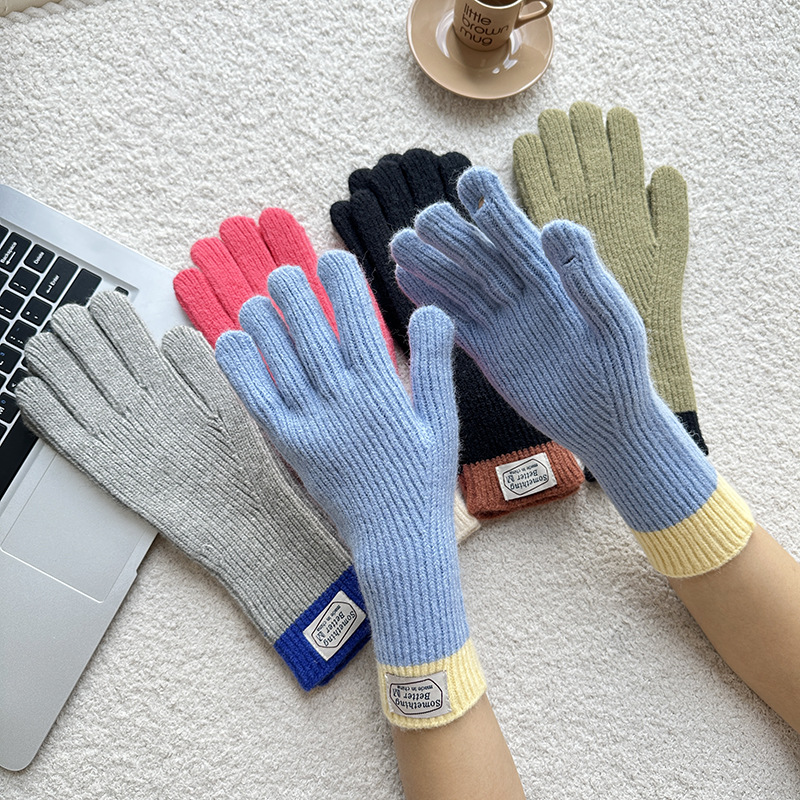 High-Quality Dongmen Contrast Color Women's College Style Finger-Revealing Touchscreen Knit Wool Line Warm Insulated Gloves for Men