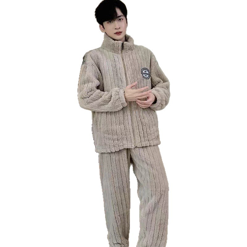 Invierno nuevo pijama de terciopelo de franela hombre simple coral sólido jacquard cremallera ropa casera set al por mayor