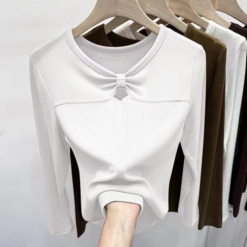 Bow-Knot Autumn/Winter Warm Base Layer Top for Women: Sleek, Thoughtfully Designed, Hollowed-Out Twist-Effect Long-Sleeve T-Shirt—A Fashionable Statement Piece for Her