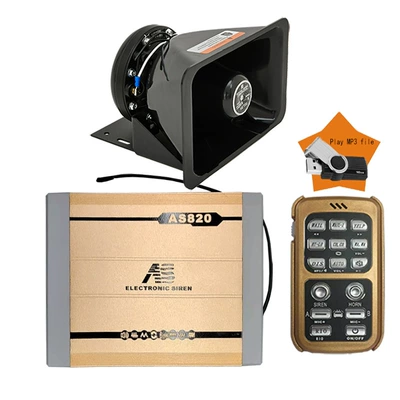 Car-mounted wireless alarm siren, MP3 siren amplifier, high-frequency speaker + round horn (Car horn/tweeter) - mp3-function-as820kg-main-unit-square-speaker-set-12v