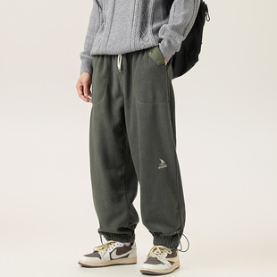 Ru-Meng Japanese Retro Pocket Embroidered Thickened Fleece Pants Trendy Brand Winter Warm Rope-Drained Foot Pants