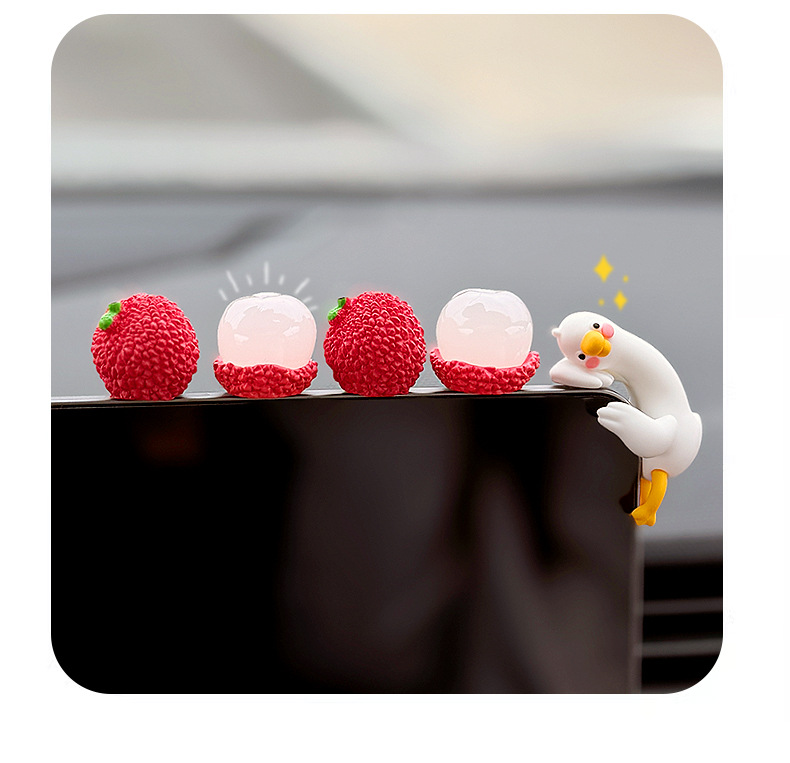 Cute Little Duck Car Screen Decoration, Good Luck and Prosperity Lychee Car Display Screen Center Console Fruit Ornament