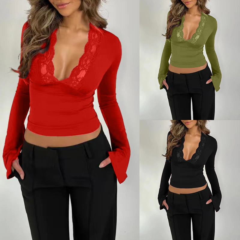 2024 Summer New Sweet and Spicy Pure Color Lace Splicing Tight Low-Necked Exposed Chest Micro-Flared Sleeve Top