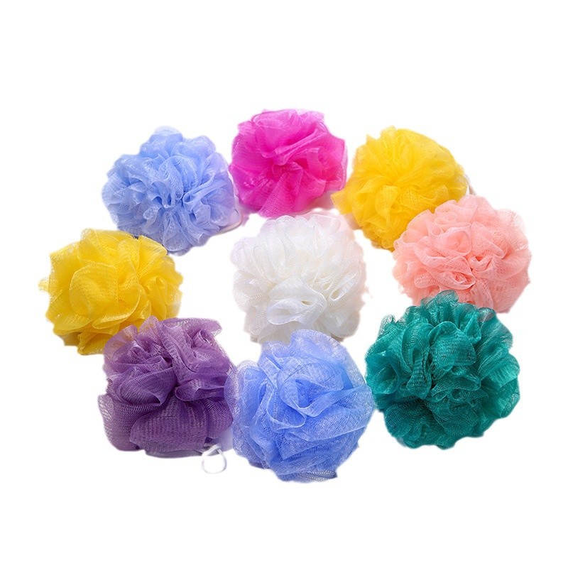 Grandes cantidades de bolas de baño pequeñas en stock, 10g, 20g, 30g, 40g, 50g, flores de baño de gran tamaño, redes de baño espumosas, venta al por mayor de fabricantes.