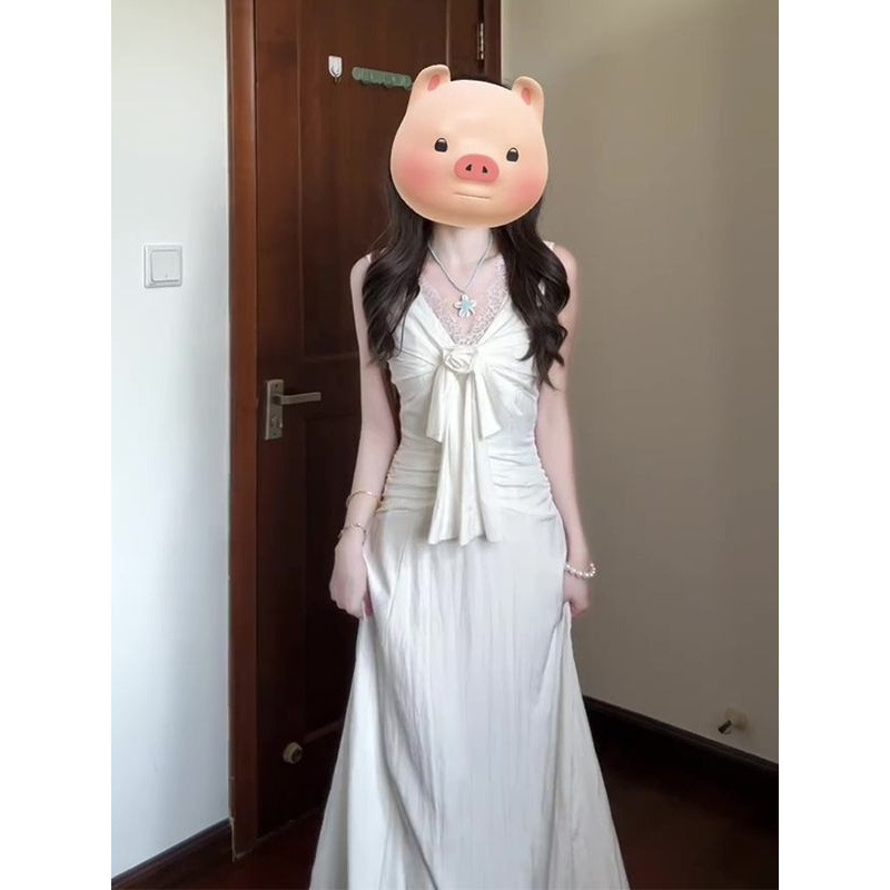 纯欲温柔V领法式无袖连衣裙女夏白色修身a字长裙设计感小众裙子|undefined