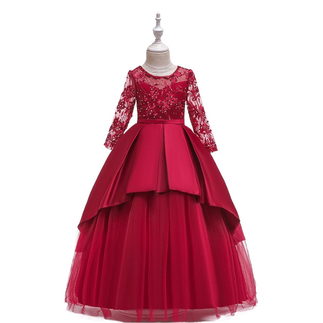 Vestido largo para niños ins vestido de princesa bordado de malla nuevo vestido de novia de manga larga para niñas fregona larga