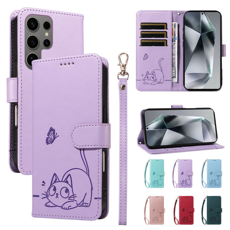 Cat Butterfly Leather Case Suitable for Samsung S26Ultras25+A37 Flip Card Slot Protective Case A57/A17 Japan and Korea