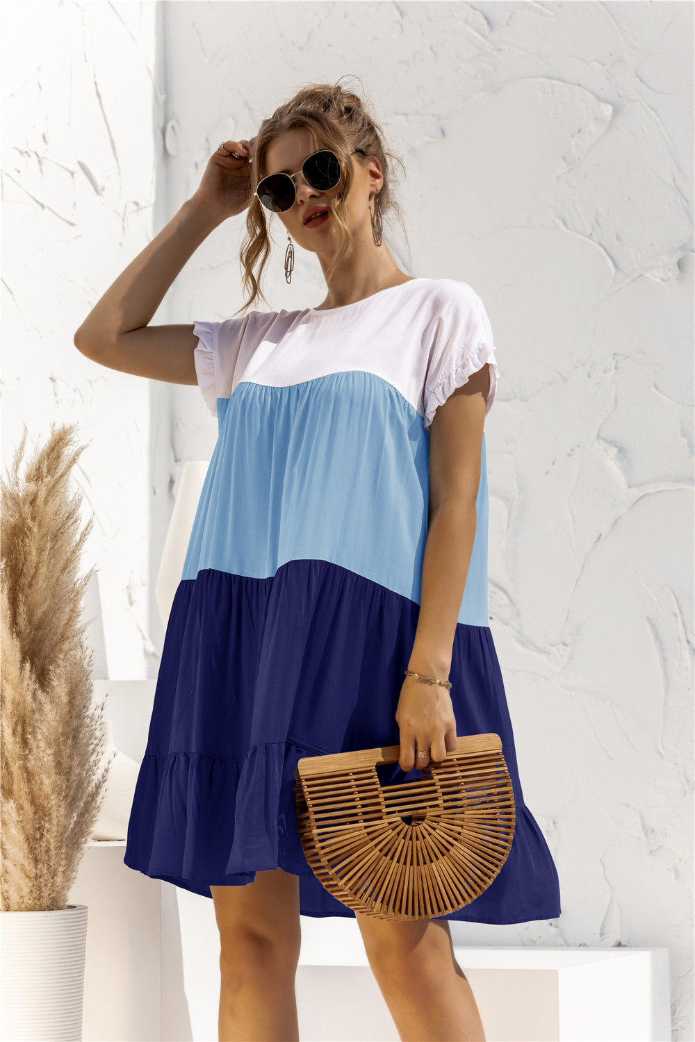 Women's Tiered Skirt Fashion Round Neck Patchwork Short Sleeve Color Block Above Knee Daily display picture 32