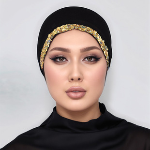 Foreign Trade Hot-Selling Gold Sequin Mercerized Cotton Strap Hat Women's Pure Color Turban Hat Muslim Fashion Turban Hat