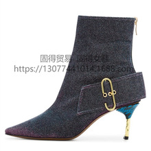 跨境独立站ins时尚走秀异型跟牛仔短靴女鞋Jeans Boots