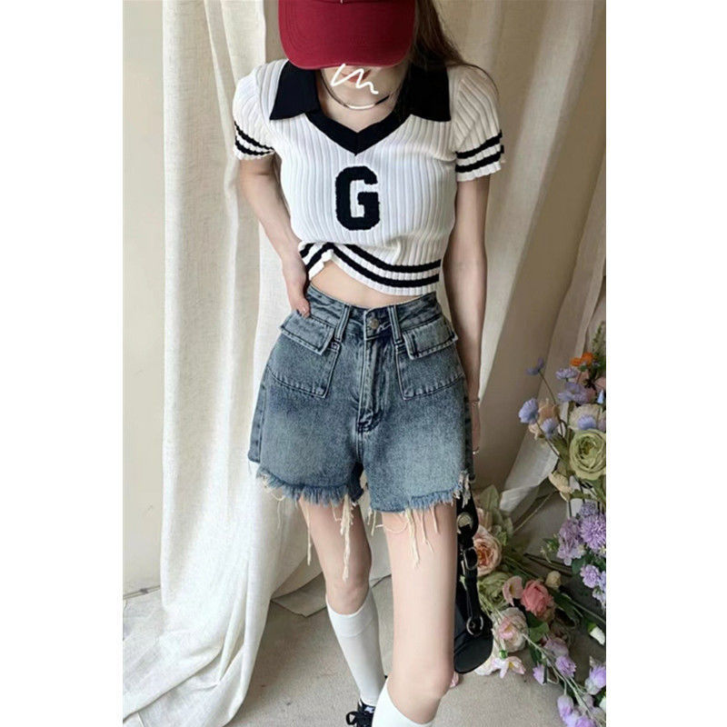 EBAY 랩 높은 허리 A 라인 데님 반바지 여성 통통녀 여름 핫 걸스 INS 하이 스트리트 디자인 센스 와이드 레그 핫 바지