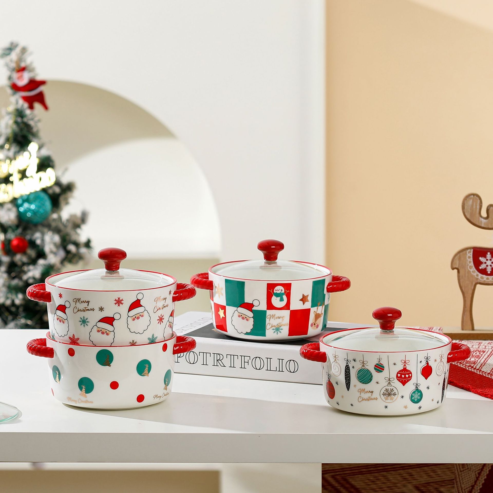 Cuenco de fideos instantáneos de cerámica con tapa de Navidad