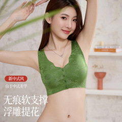 前開きボタン式エンボス加工中高年女性用下着、ママブラ、寄せ上げシームレス大きいサイズベストブラ、胸パッド付き