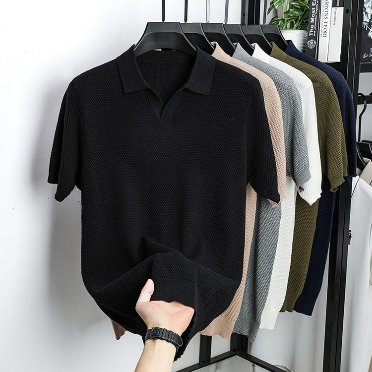 ¡Fibra fría japonesa! Camisa POLO de solapa para hombre de manga corta Camisa de gama alta de algodón Xinjiang casual todo fósforo