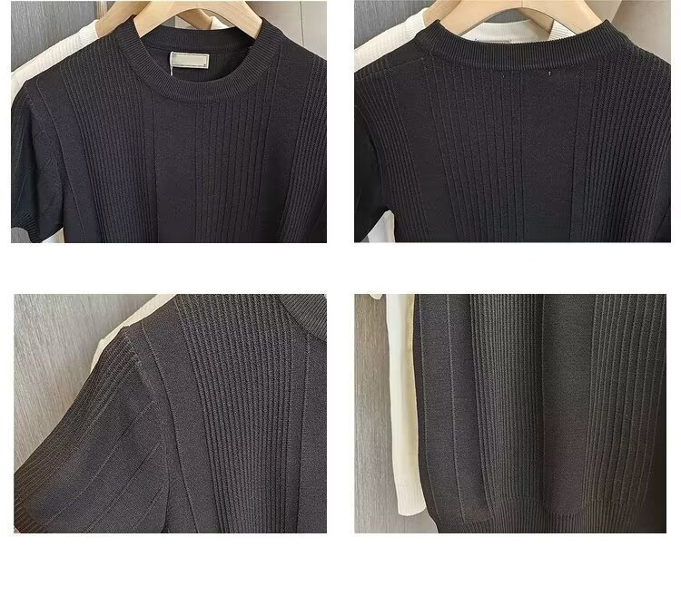 Men's Slim Fit Ice Silk Knit T-Shirt Short Sleeves Round Neck Summer Style Vertical Stripes Mature Simple Design_viptrois.com