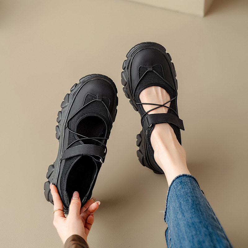 여성용 천연가죽 두꺼운 밑창 스포츠 스타일 메리제인 슈즈, 크로스 스트랩 벨크로, 캐주얼 펌프스 슈즈, 플랫폼 밑창 로퍼