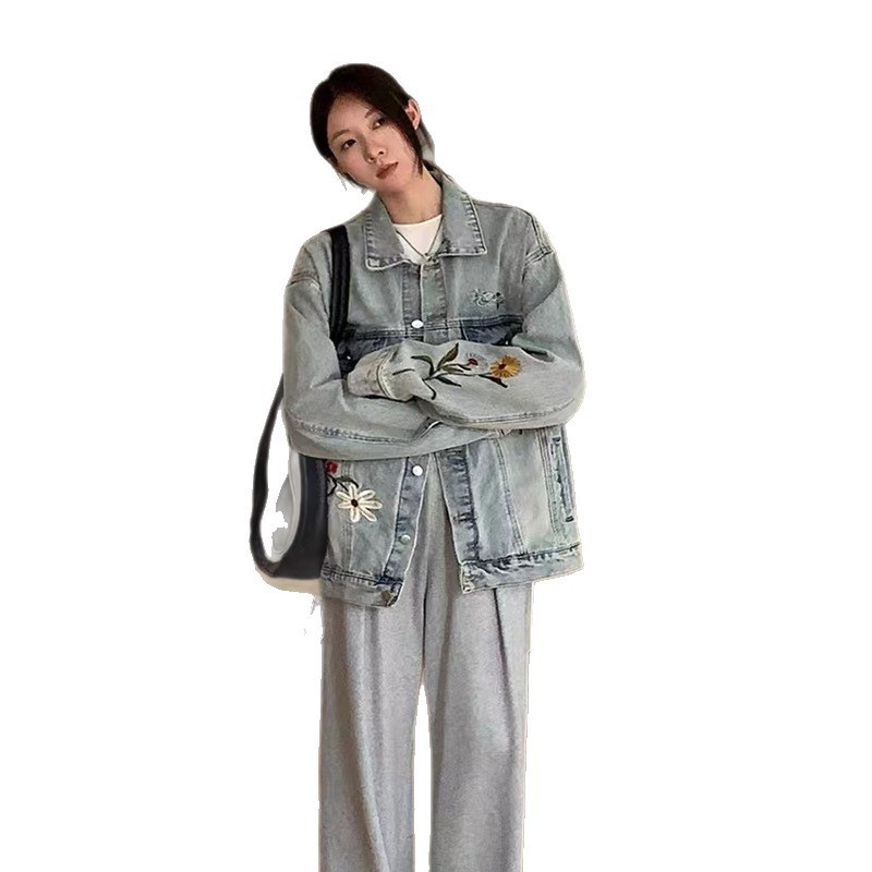 秋季新品花卉刺绣翻领牛仔服女夹克高街痞帅小众日系复古宽松外套|undefined
