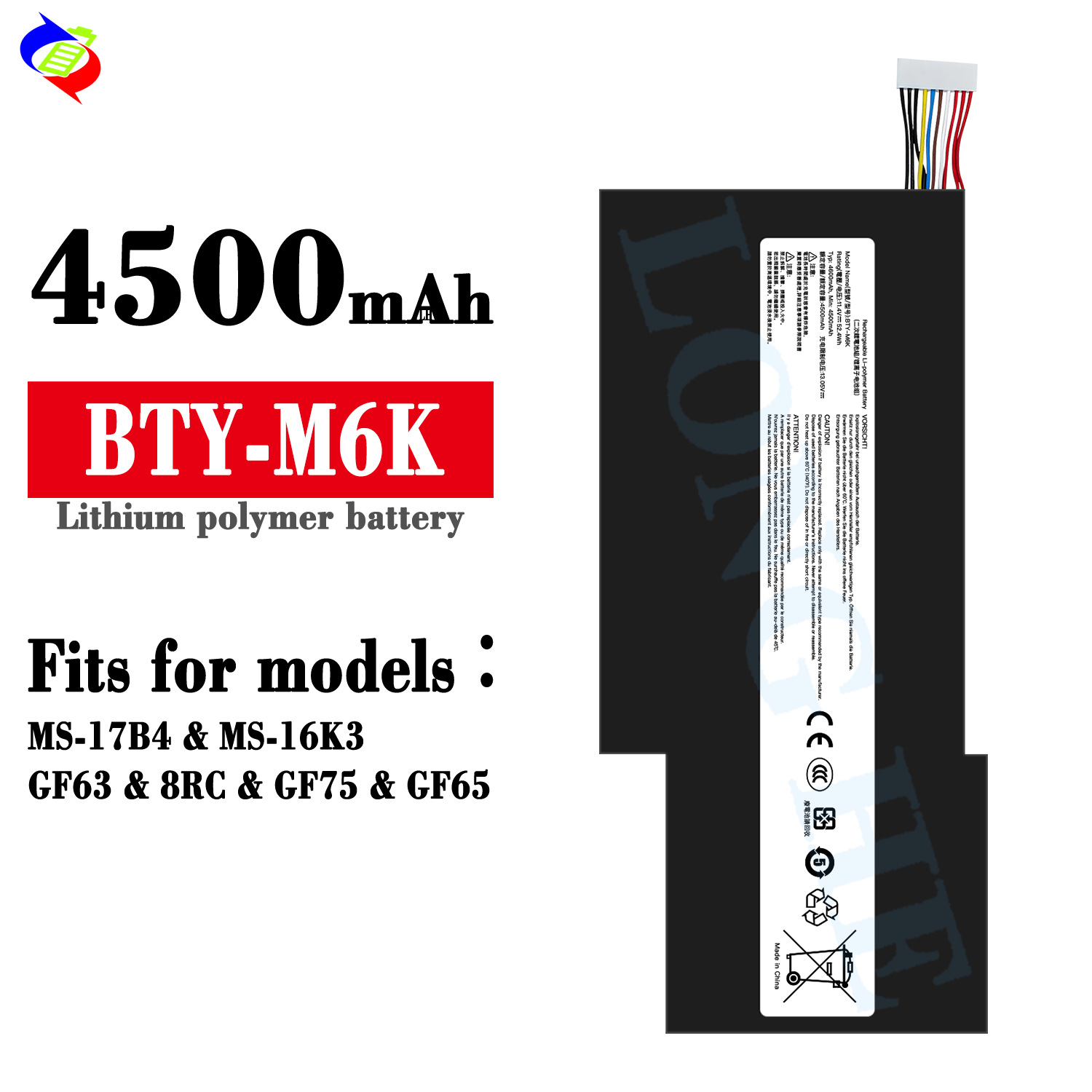适用MSI MS-17B4/MS-16K3/GF63/8RC/GF75/GF65笔记本电池BTY-M6K