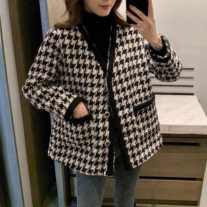 Chanel-Style Houndstooth Tweed Wool Coat Korean Ins 2026 Autumn and Winter Loose-Fitting Elegant Ladylike Woolen Coat