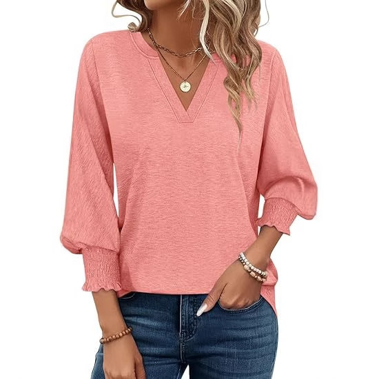 2025 Ladies V Neck 3/4 Sleeve Top Casual Shirt Cute Loose Shirt