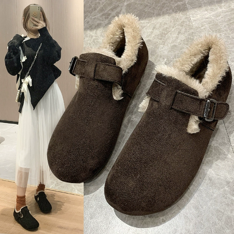 Уродливые милые ретро ботинки Birkenn женщины 2024 осень и зима новый супер огонь ins один педаль бобовые ботинки плюс бархат теплые хлопчатобумажные ботинки