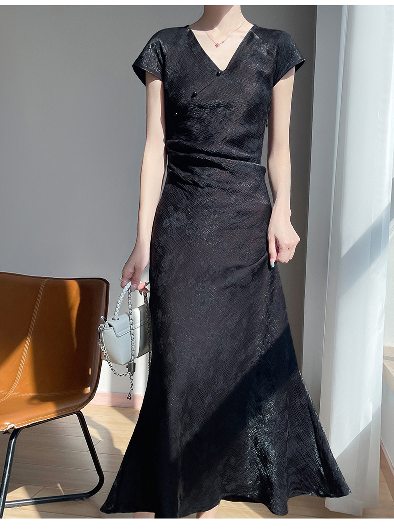 New Chinese-style Women's Clothing, National-style Satin Cheongsam V-neck Dress, Summer 2025 New Model, Slimming And_ecoleips.com