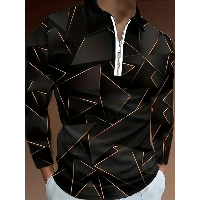 2024 venta caliente patrón de metal geométrico estampado 3D hombre calle alta manga larga hombro ancho cremallera suelta camisa POLO