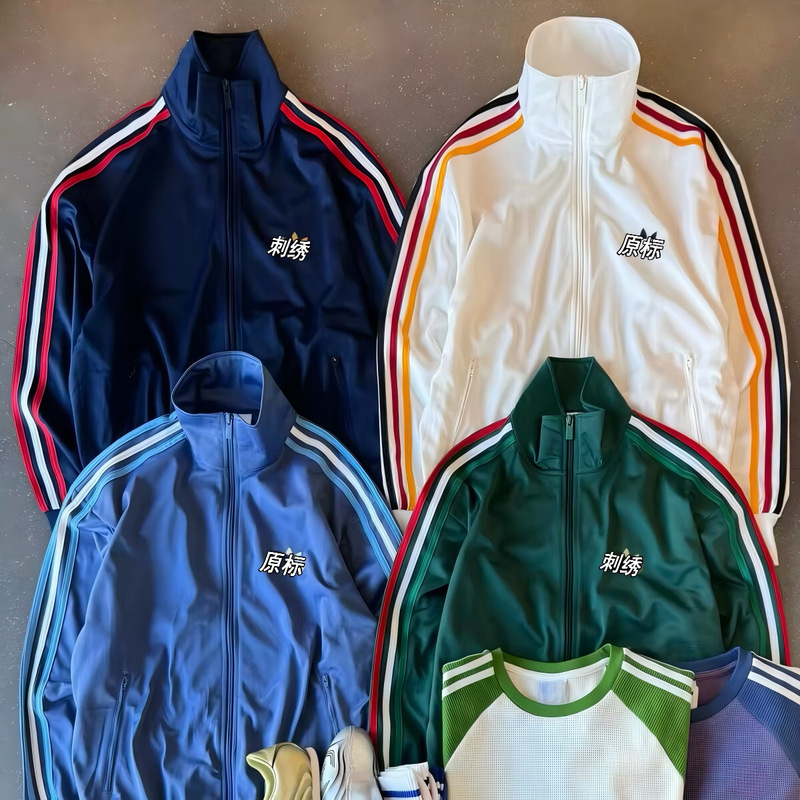 Spring and Autumn Cross-Border Trade Rainbow Stripe Embroidered Windbreaker Retro Sports Cardigan Jacket Sweatshirt Coat for Men