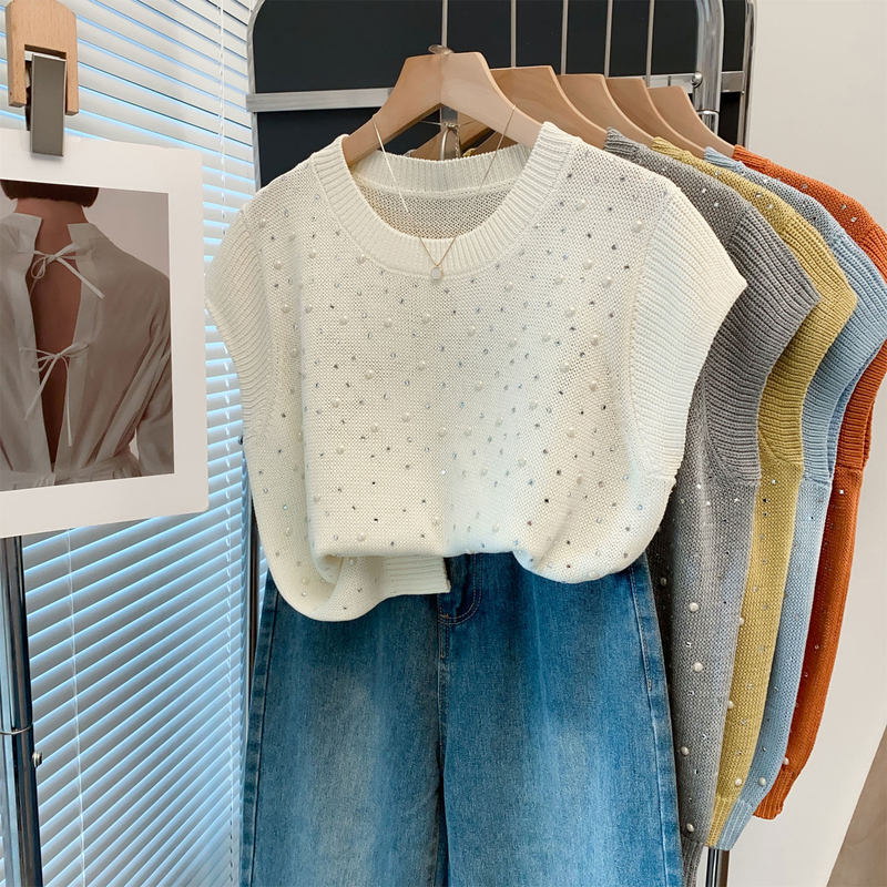 Rhinestone Round Neck Flutter Sleeve Knit Top for Women 2026 Summer New Style Loose Lazy Style Short Sleeve T-Shirt Trendy Rhinestone Round Neck Flutter Sleeve Knit Top for Women 2026 Summer New Style Loose Lazy Style Short Sleeve T-Shirt Trendy