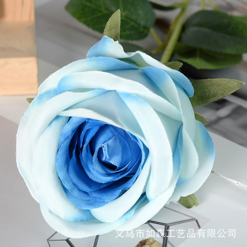 Flor artificial flor azul material boda salón decoración del hogar Rosa artificial Flor de plástico al por mayor