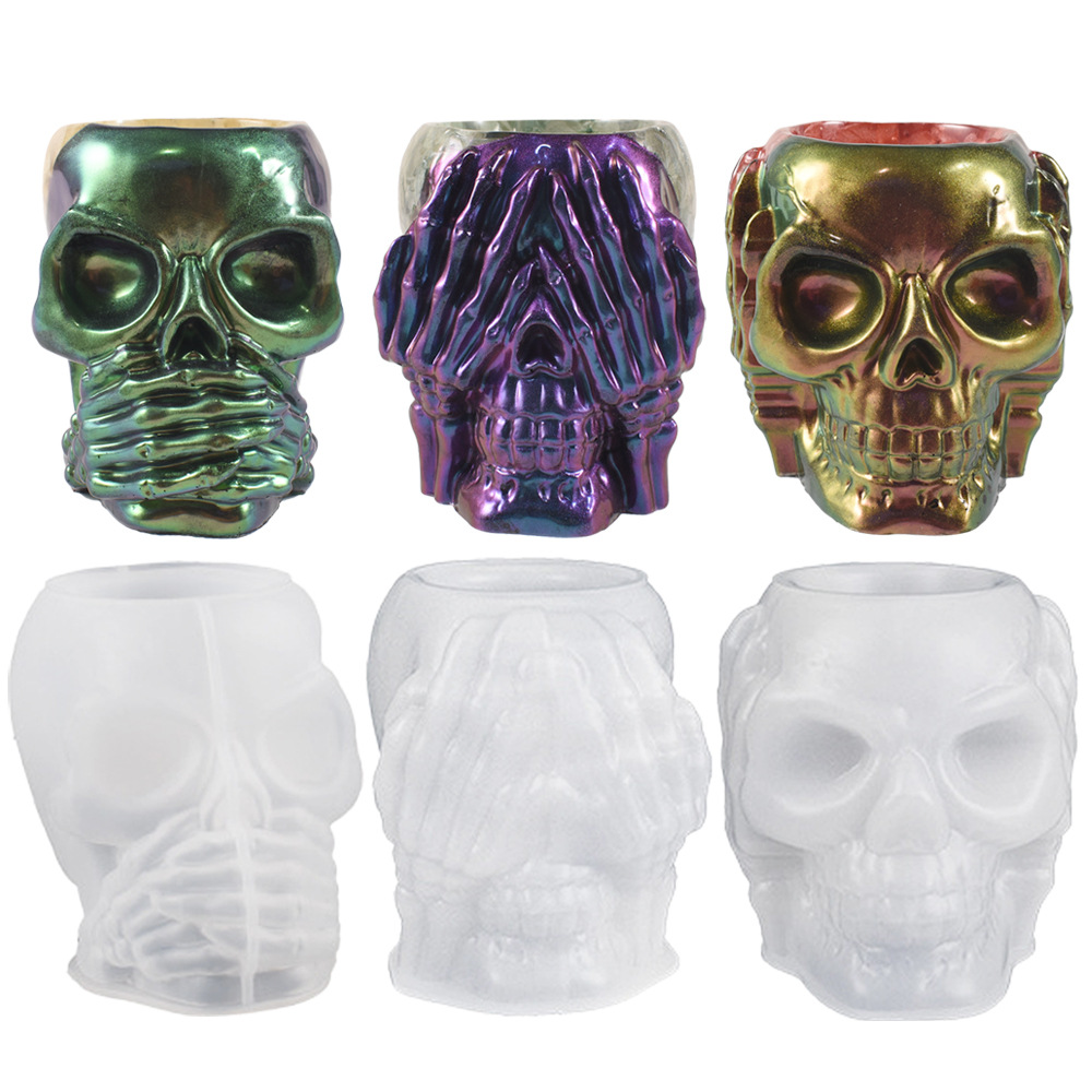 Mono Wansheng DIY epoxi cabeza del cráneo cubierta del oído cubierta del ojo boca pluma titular caja de almacenamiento decoración de yeso molde de silicona