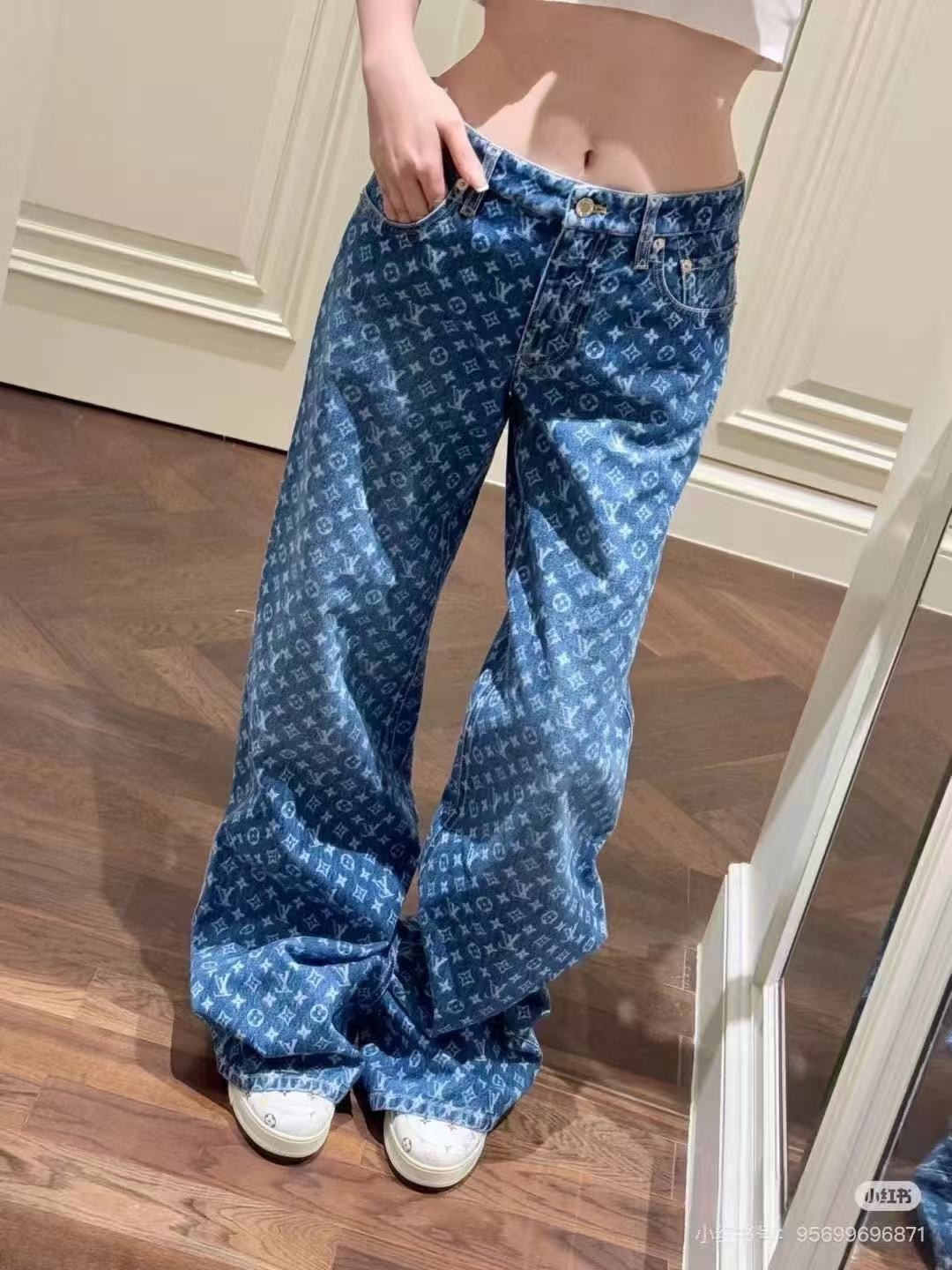 26SS Shenzhen Nanyou high-end version L-brand ultra-heavy-duty versatile washed blue all-over printed cotton vintage pattern jeans