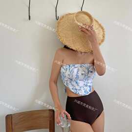 新款韩版chic复古油画抹胸小背心女修身显瘦纯欲肚兜款分体泳衣女