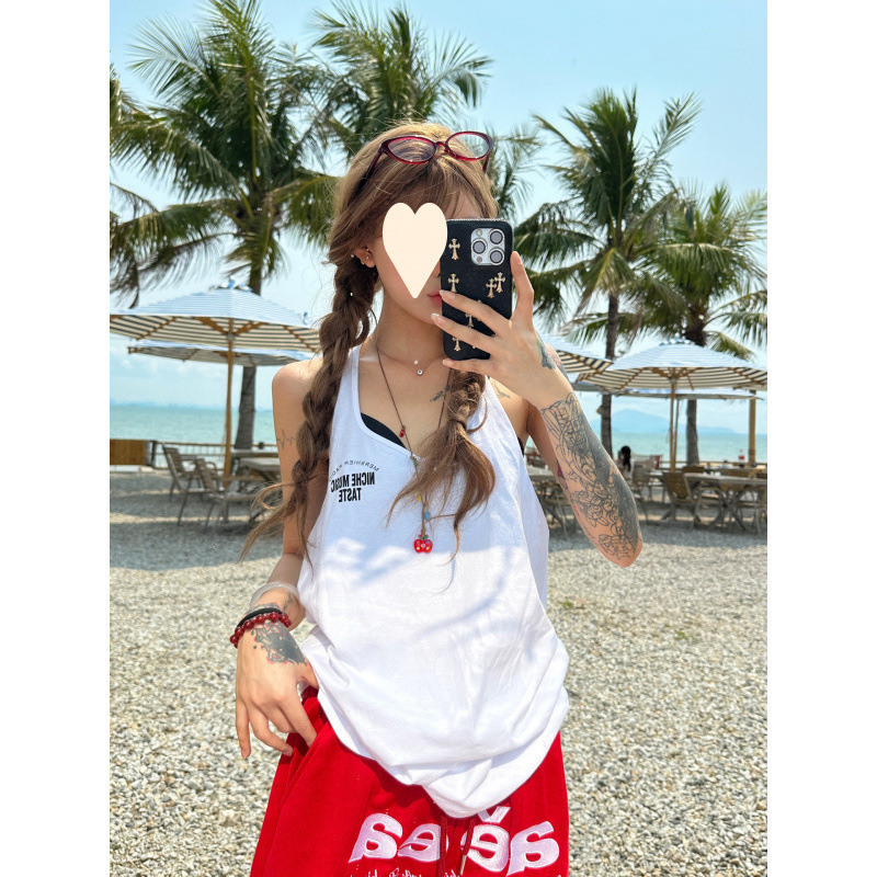 [21 Pieces of Pure Cotton, 220g] American-Style Spicy Girl Style Letter Print Halter Neck V-Neck Backless Tank Top for Outerwear
