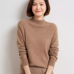 100%纯羊毛衫一线成衣无缝秋冬新款女半高领宽松打底针织简约毛衣