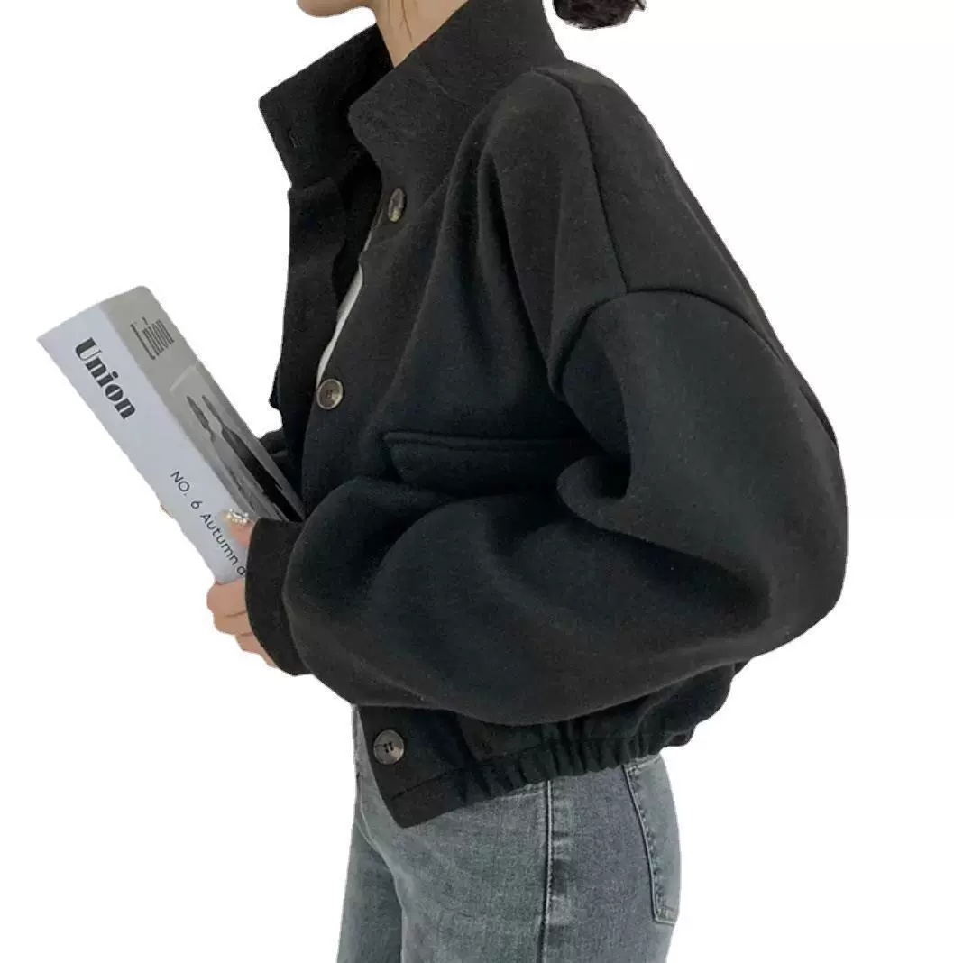 Демисезонное oversize короткое шерстяное пальто, корейский стиль, шерстяная смесь, абрикосовый/черный/серый