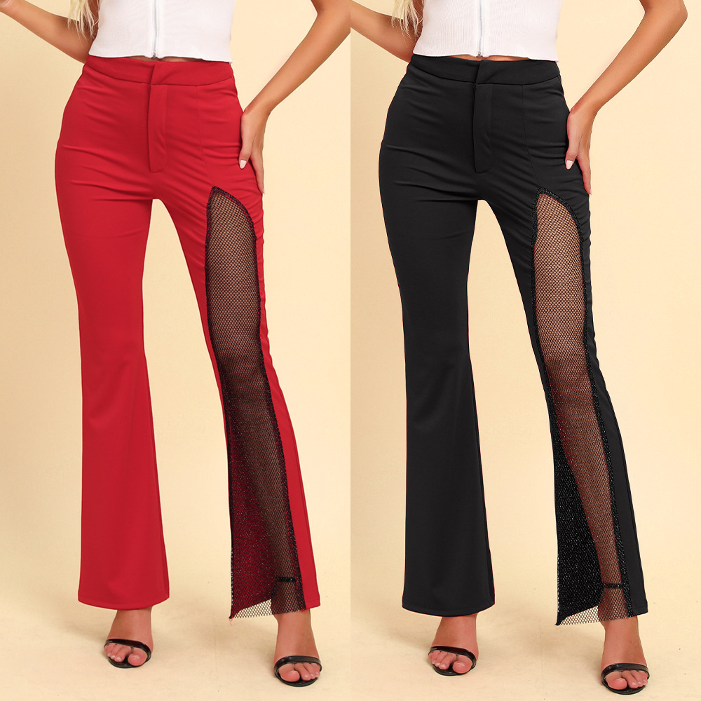 Cross-Border Foreign Trade European and American Spring Fashion New Style Elegant Slim-Fit Mesh Patchwork High-Waisted Hip-Hugging Slightly Flared Casual Women's Pants