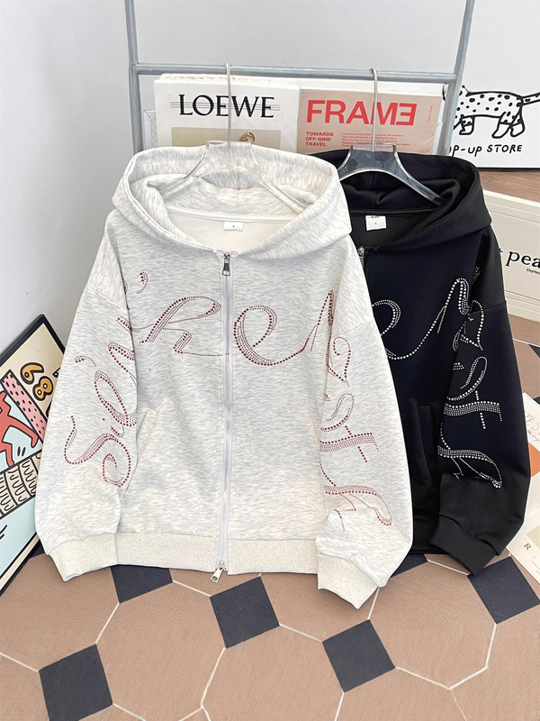 美式复古烫钻字母连帽卫衣男春秋季街头潮牌小众宽松情侣开衫外套|undefined