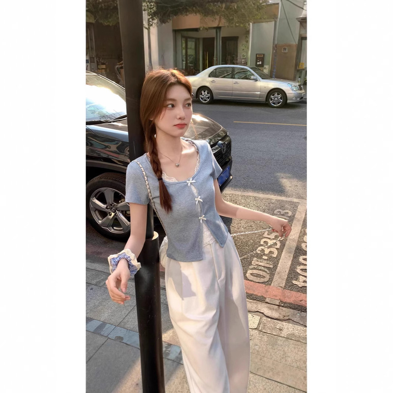 Lace Splicing Fake Two-Piece Short-Sleeved T-Shirt for Women Summer 2025 New Design Short Shoulder Top for Small People