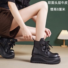 真皮马丁靴女8CM增高秋冬厚底瘦瘦靴百搭低帮松糕跟小个子短靴女