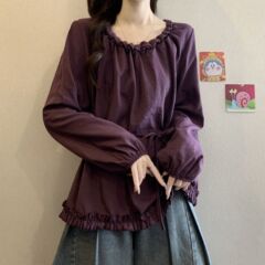 大码设计感木耳边收腰百搭衬衫女春秋新款胖mm宽松显瘦遮肉上衣女