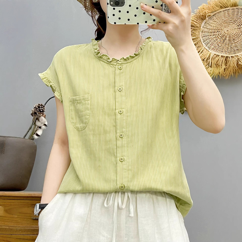 Double-Layer Cotton Gauze Ruffled Collar Sleeveless Shirt for Women, Summer Soft Skin-Friendly Breathable All-Cotton Vertical Stripe Flutter Sleeve Top Double-Layer Cotton Gauze Ruffled Collar Sleeveless Shirt for Women, Summer Soft Skin-Friendly Breathable All-Cotton Vertical Stripe Flutter Sleeve Top