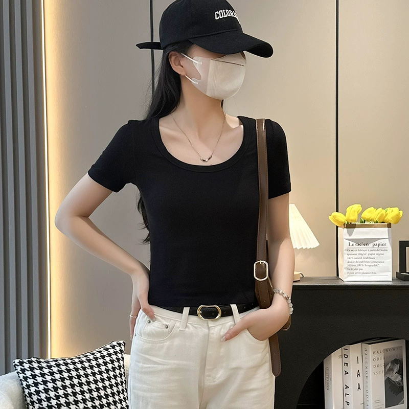 2025 новый базовый круглый воротник простой тонкий и дикий женский рубашка с короткими рукавами тонкая резьба ледяной весенний и летний топ