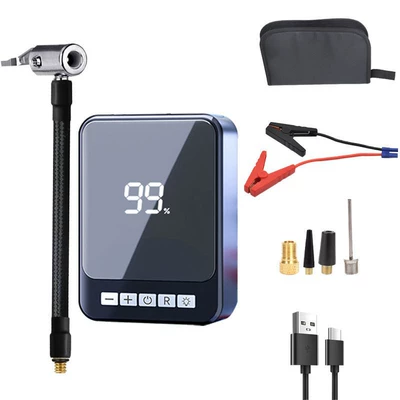 Car-mounted air pump and emergency power Hava nasosu - start-the-inflatable-all-in-one-machine-standard-clamp-leather-case-4-in-1-all-in-one-storage-model-smart-air-replenishment-instant-start-with-low-battery-dual-port-fast-charging-comes-with-a-storage-bag