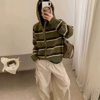 韩版撞色条纹连帽毛衣外套女2026秋冬款加厚休闲百搭针织开衫上衣