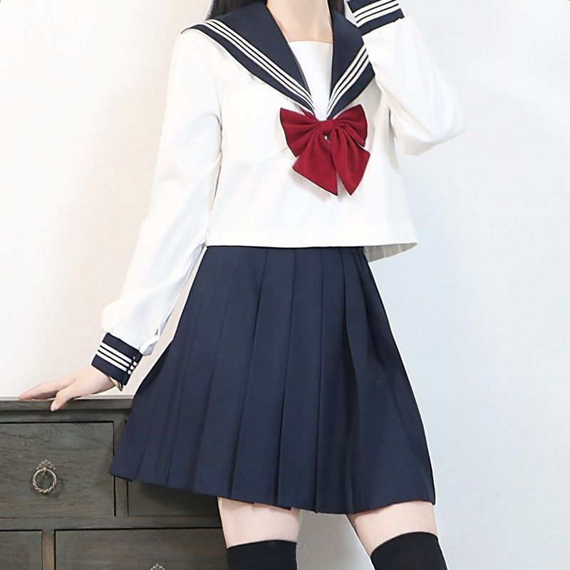 白黒三本JK制服スカートベーシック本格セーラー服日本カレッジスタイルスーツ半袖ミドル服レディース夏|undefined