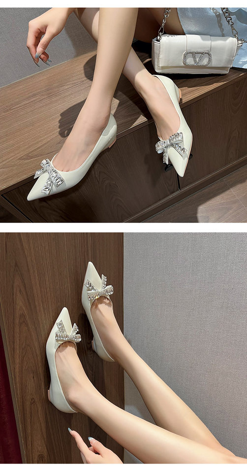 Giày cao gót nữ mũi nhọn gót xuồng đính đá nơ, đế độn cao bên trong 3 cm — Màu mơ, Màu trắng be, Màu đen chi tiết 11