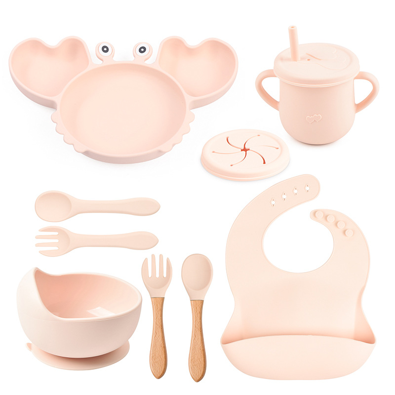 Set de vajilla para bebé de silicona de 9 piezas - Plato con forma de cangrejo, babero, plato dividido, cuchara, tenedor, taza