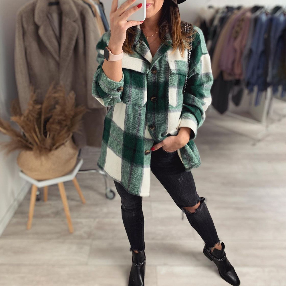 Casual Plaid Printed Long-Sleeved Shirt Jacket NSKX108713