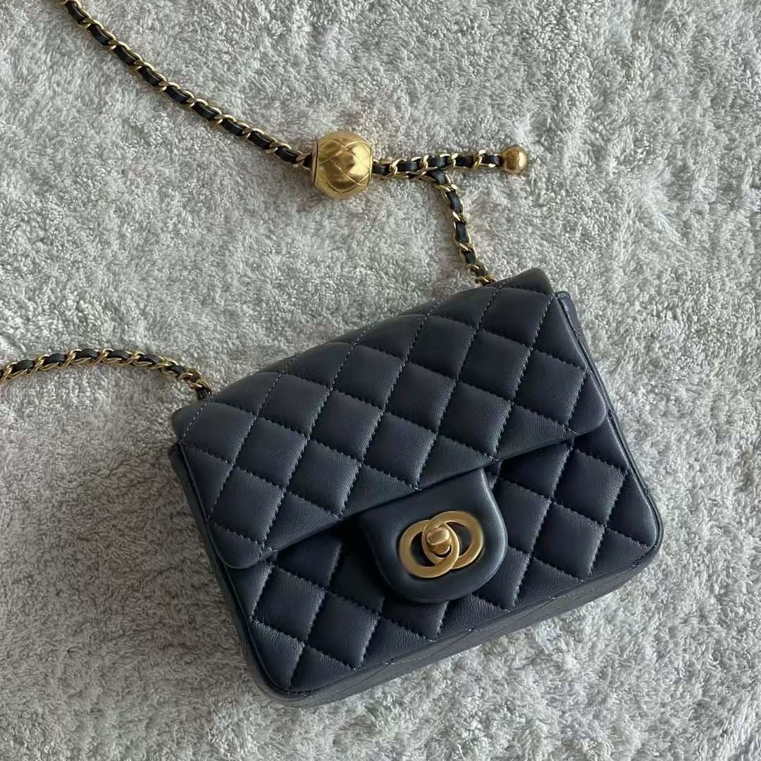 23K black gold CF large mini gold ball leather square fat adjustable buckle lambskin flap bag shoulder crossbody bag